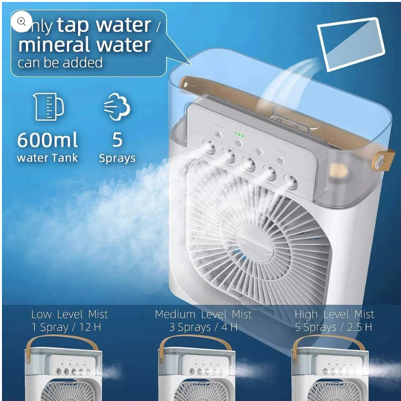 Portable Air Conditioner Fan, Mini Evaporative Air Cooler with 7 Colors LED Light, 1/2/3 H Timer, 3 Wind Speeds and 3 Spray Modes
